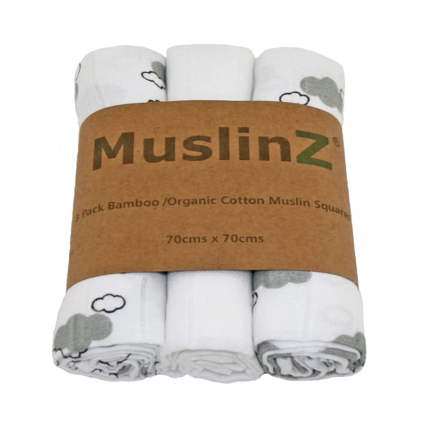 MuslinZ 3 Pack Bamboo/Organic Cotton Muslin Squares 70x70cm - Grey Cloud