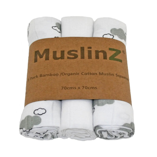 MuslinZ 3 Pack Bamboo/Organic Cotton Muslin Squares 70x70cm - Grey Cloud