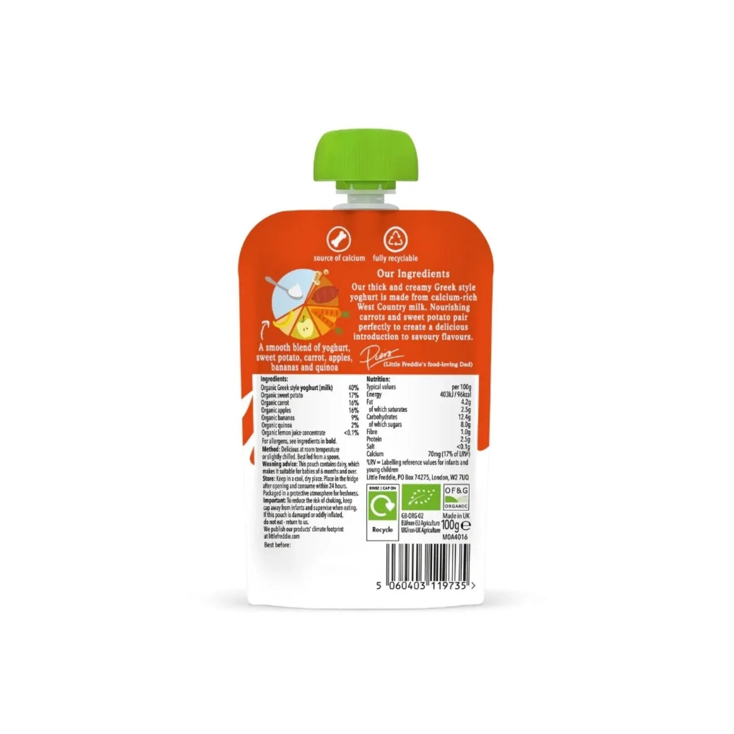 Little Freddie Organic Sweet Potato & Carrot Yoghurt Baby Food Pouch 6+ months 100g
