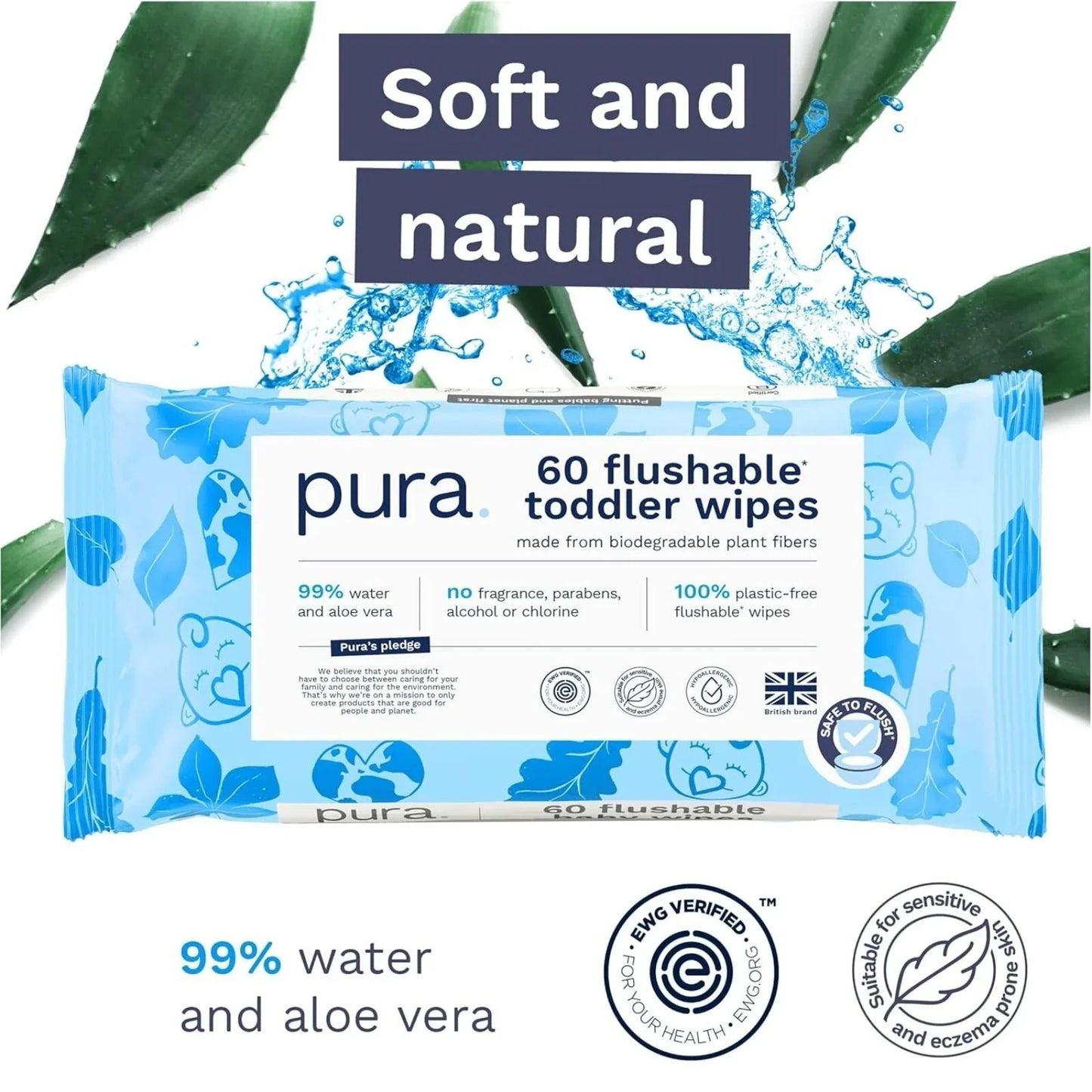 Pura Baby Wipes Flushable 3x60 pcs