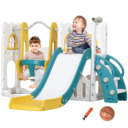 AIYAPLAY 6-in-1 Swing and Slide Set, Kids Playground with Basketball Hoop, Telescope, Storage Space - Yellow-0