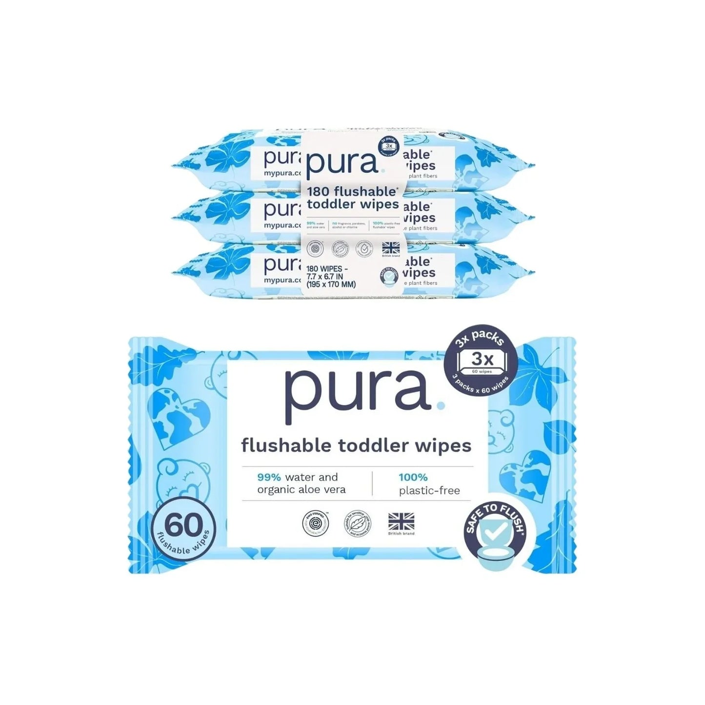 Pura Baby Wipes Flushable 3x60 pcs