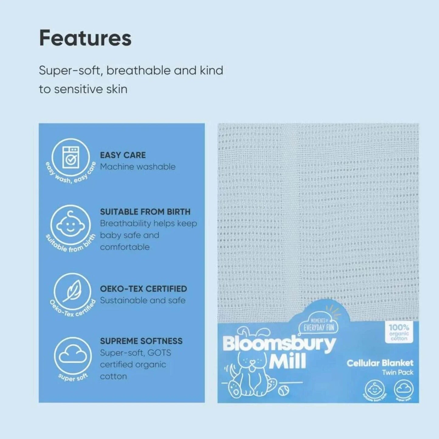 Bloomsbury Mill Organic Cotton Cellular Blankets Newborn Gift Set 2 pcs - Blue