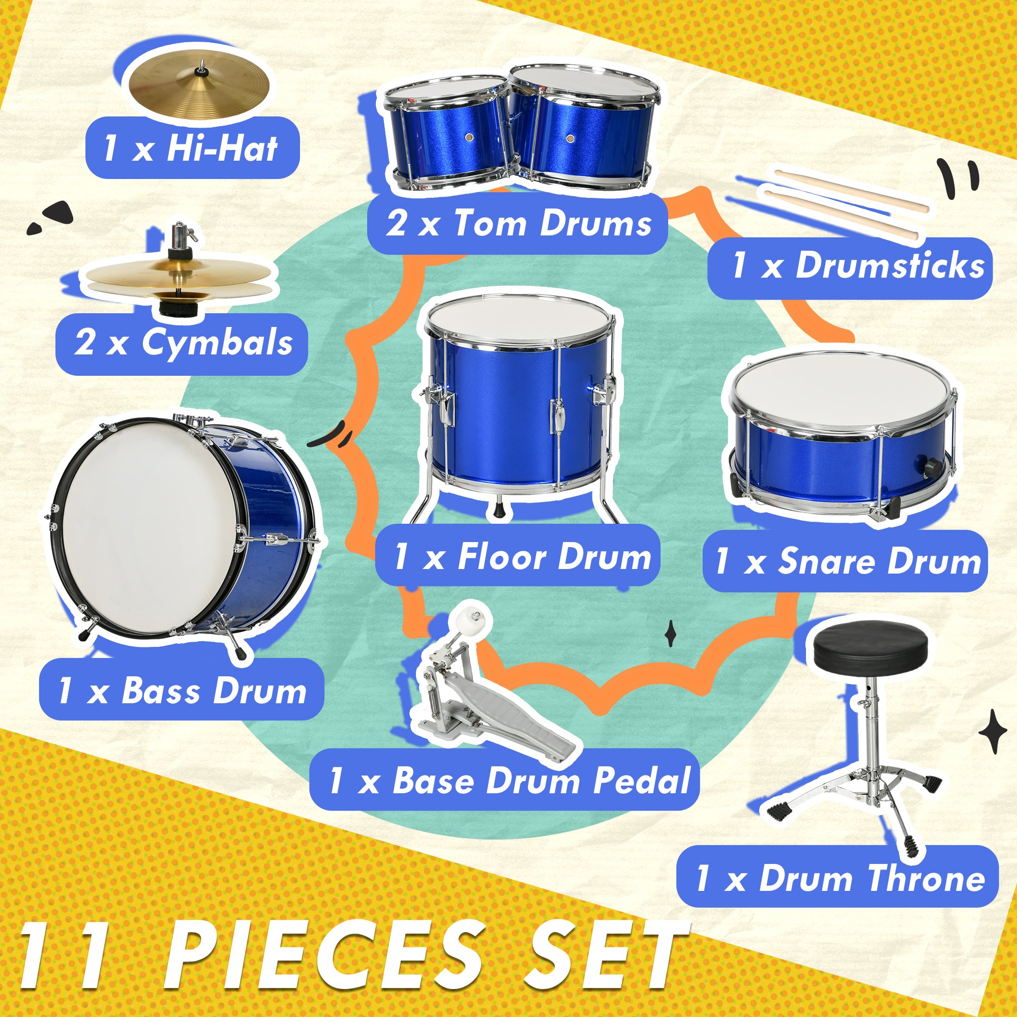 AIYAPLAY 11 Piece Kids Drum Kit with Stool, Drumsticks, Pedal, Cymbals, for 3-6 Years, Blue-3