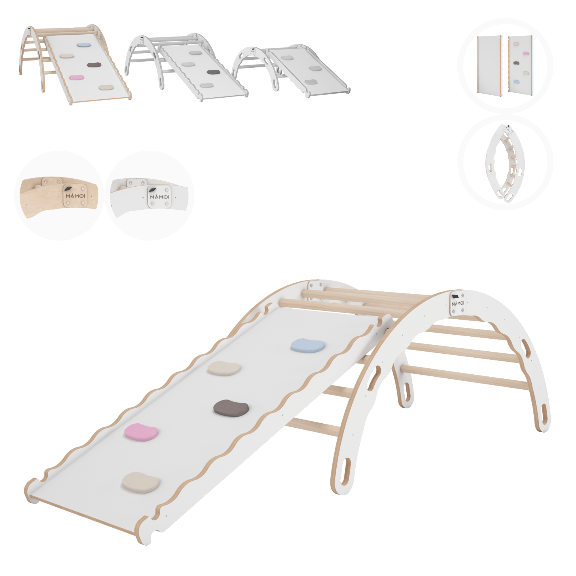 MAMOI® Indoor climbing frame 3 in 1 SET. Montessori climbing arch with cushions, indoor playground 1-3 years and slide for children.-0