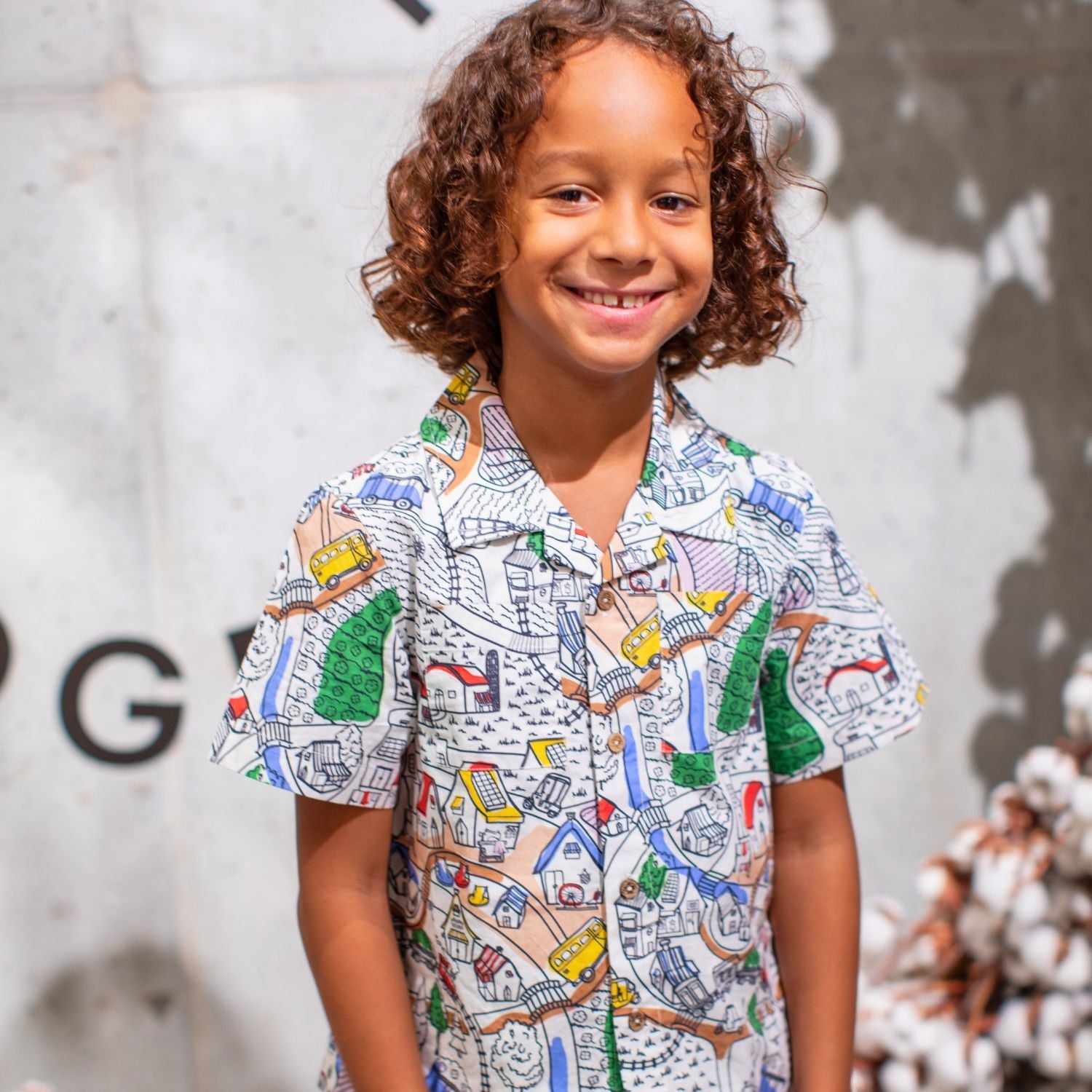 Village Print Boys and Girls Button Up Shirt-2