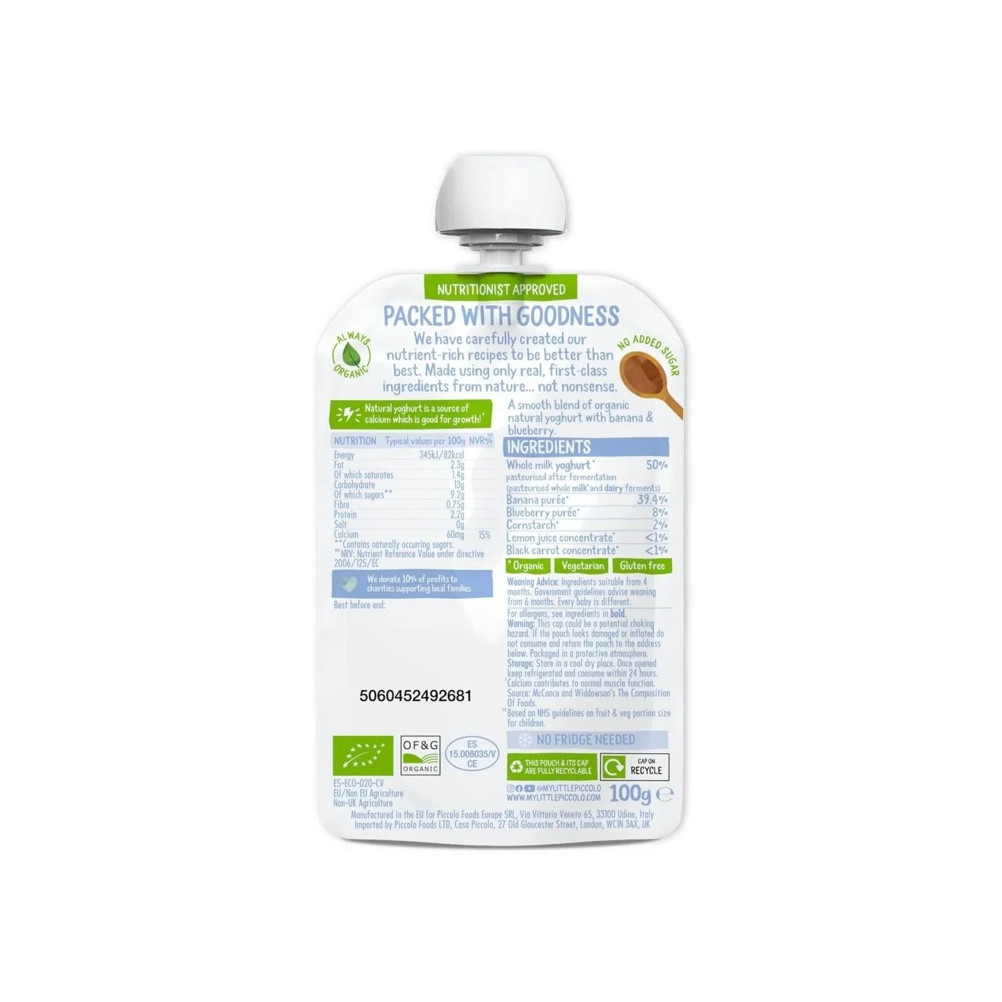 Piccolo Organic Natural Yoghurt Blueberry & Banana 6+ months 100g