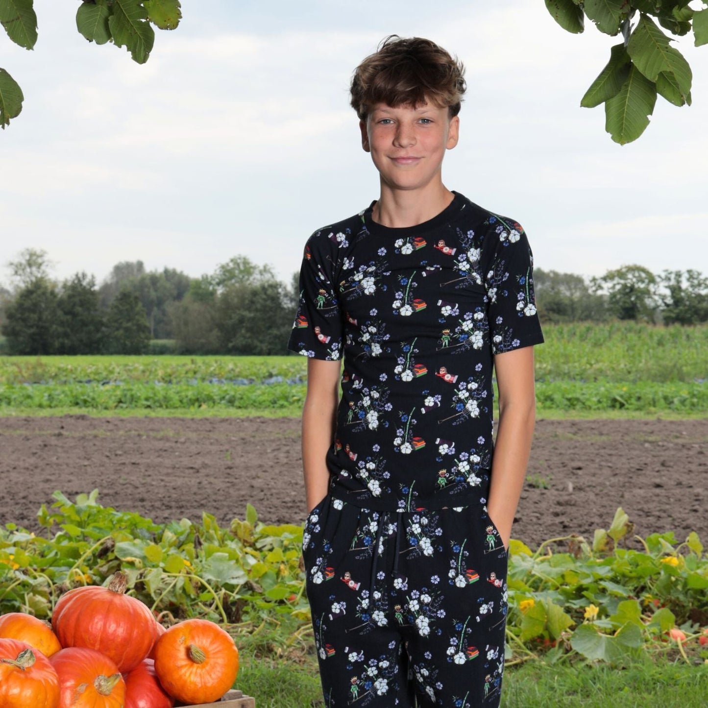 Black Floral T Shirt for Boys and Girls-1