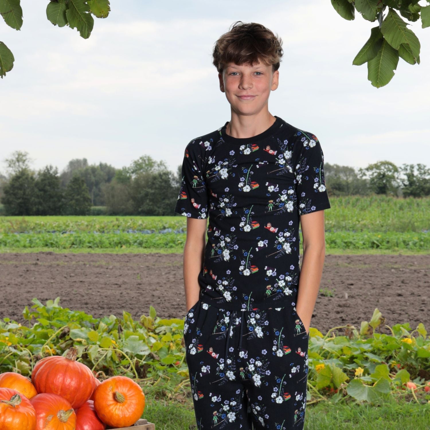 Black Floral T Shirt for Boys and Girls-1