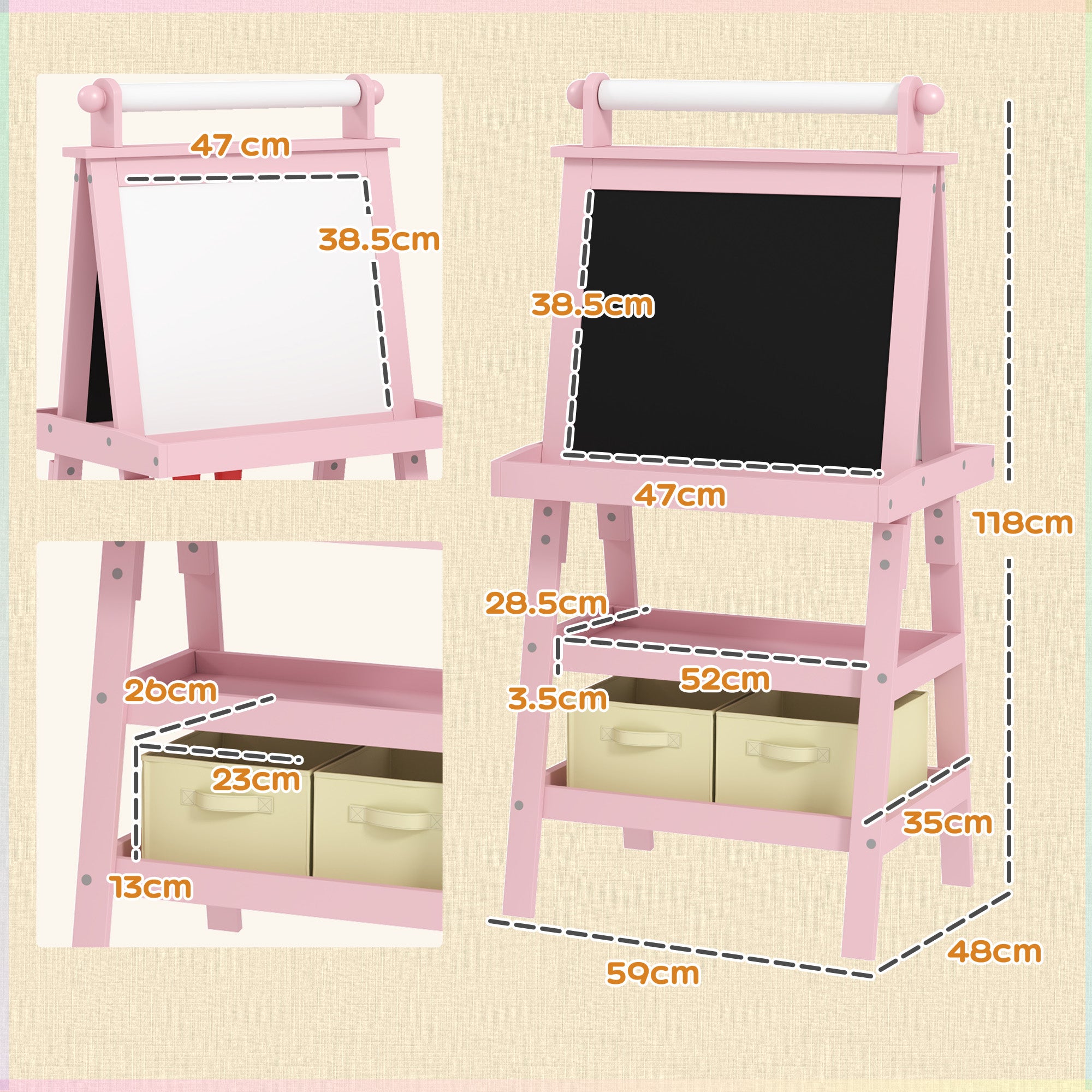 AIYAPLAY 3 in 1 Kids Easel Double-Sided Magnetic Whiteboard and Chalkboard with Paper Roll, Storage Baskets in Pink-1