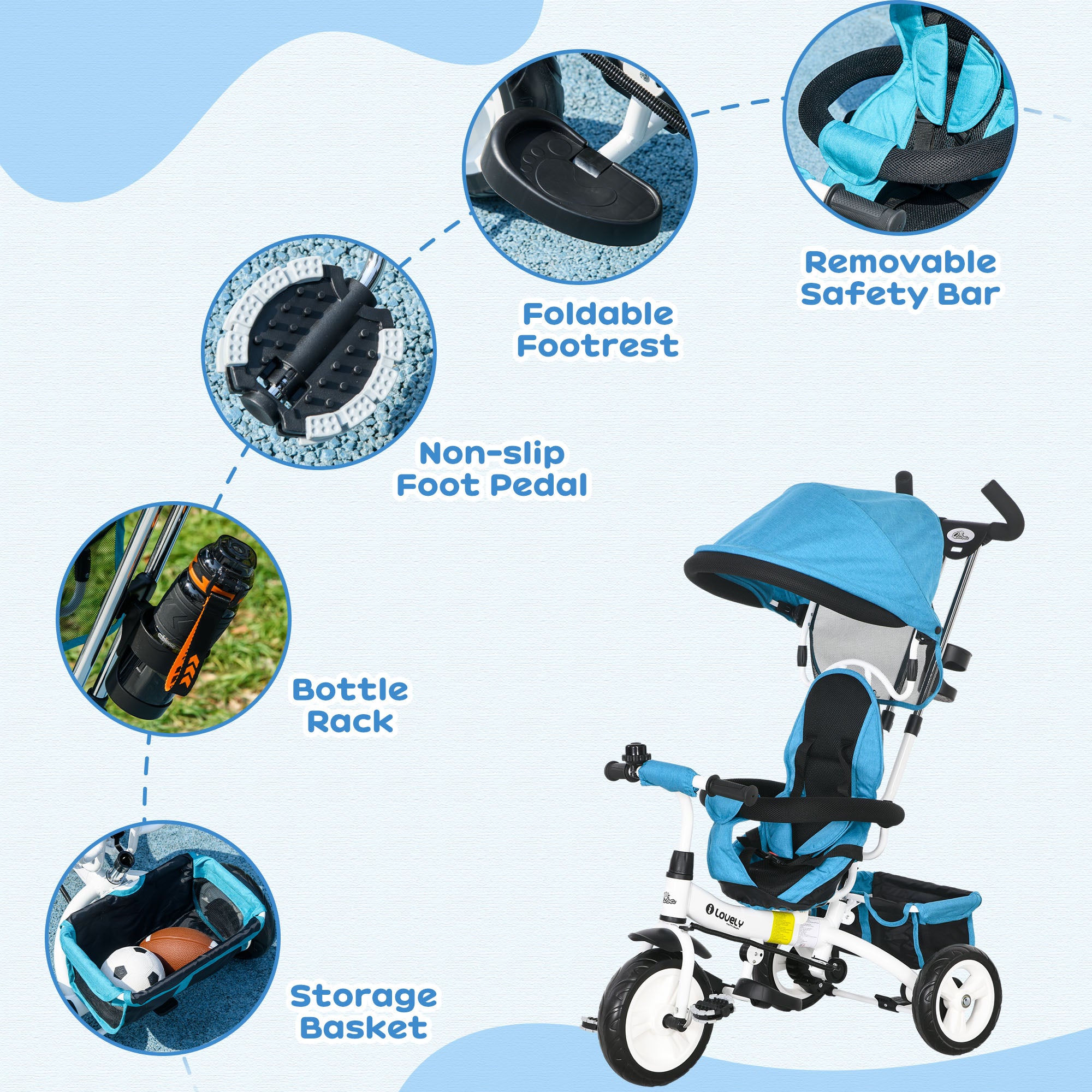 4 in 1 Kids Trike Push Bike with Handle, Canopy, Safety Belt, Footrest and Brake for 1-5 Year olds in Blue | HOMCOM-4