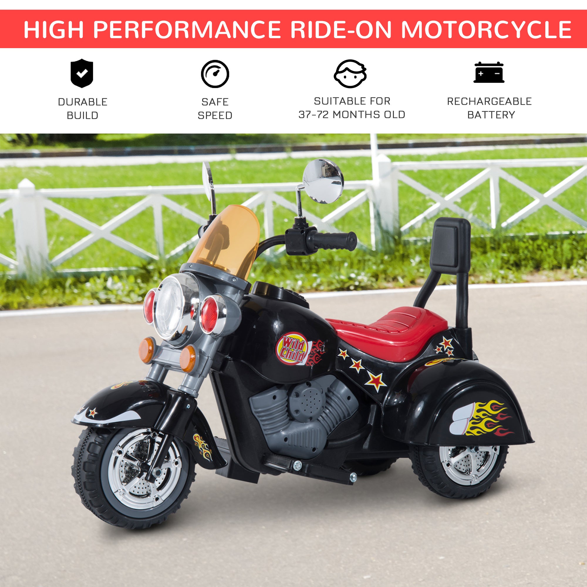HOMCOM Electric Motorbike for Kids 6V Battery Powered Ride On Motorcycle with Lights and Sounds for 3-6 Years, Black-2