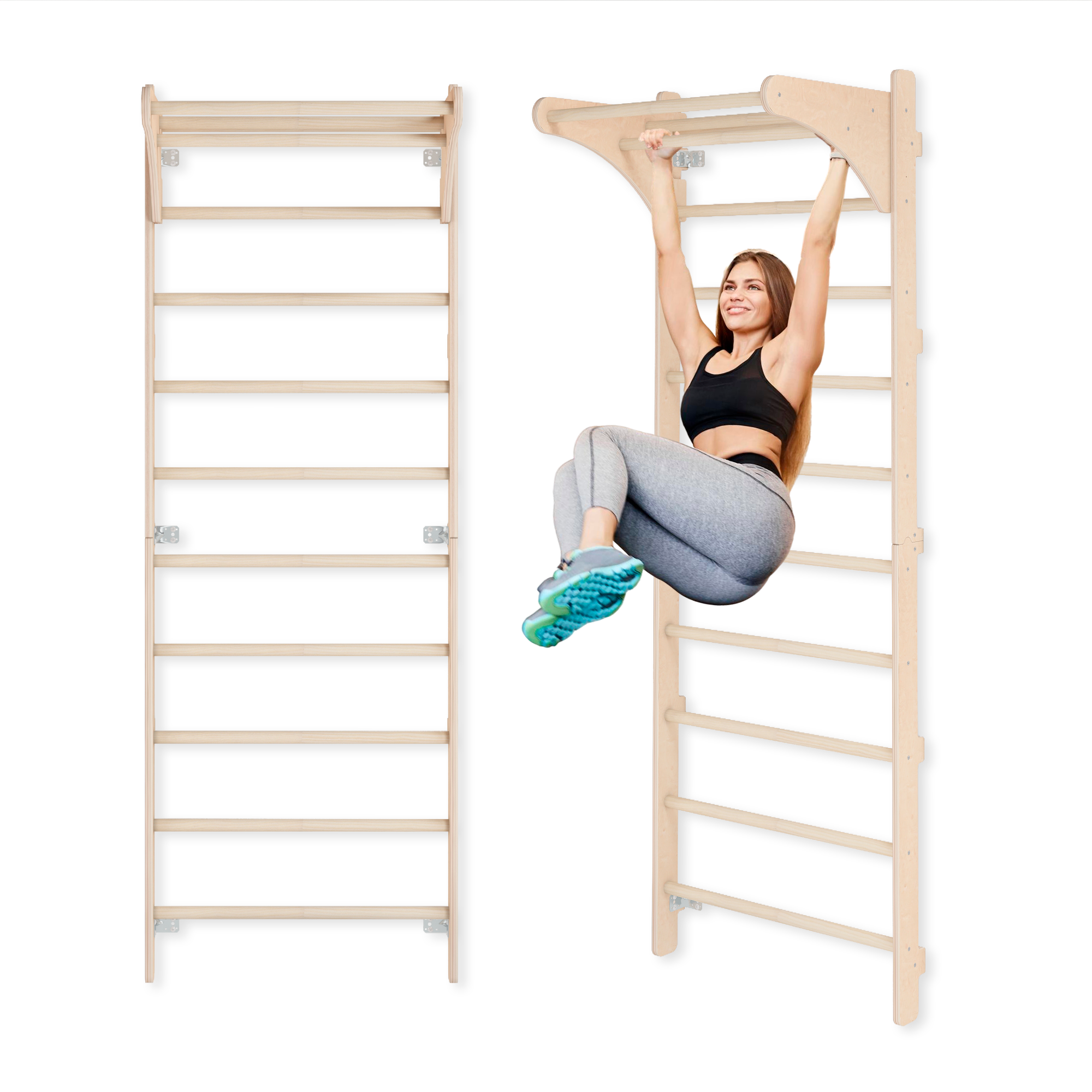 MAMOI® Wall-Mounted Gymnastics Bar with Pull-Up Bar (230 cm) | Wooden Training Ladder | Multi-Purpose Fitness Equipment | Wall-Mounted Gym Ladder for Adults & Kids | 100% ECO | Made in EU-0