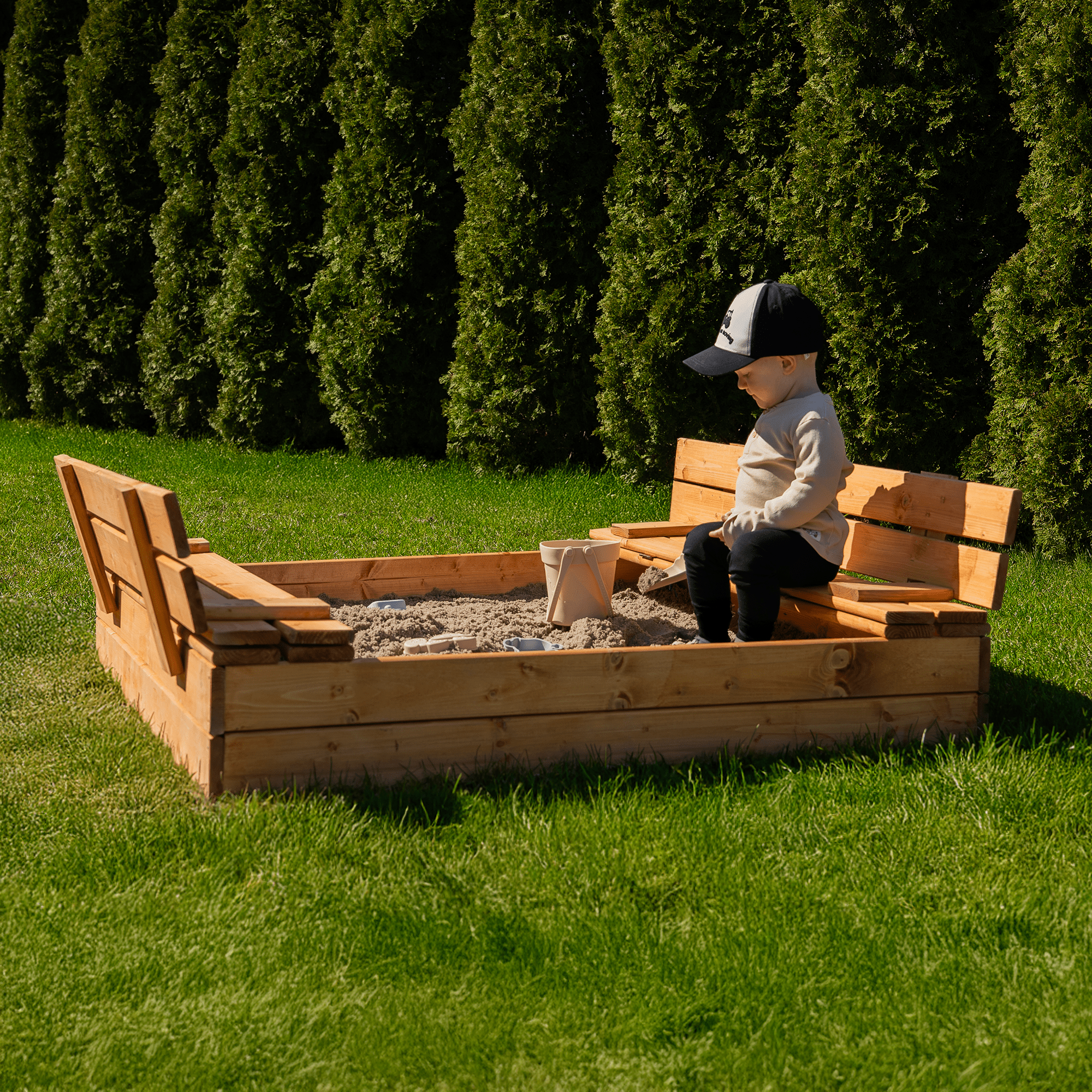 MAMOI Sandbox with cover 120x120 Sandbox Impregnated Sandbox with benches Wooden toy cover Benches 150x150-3