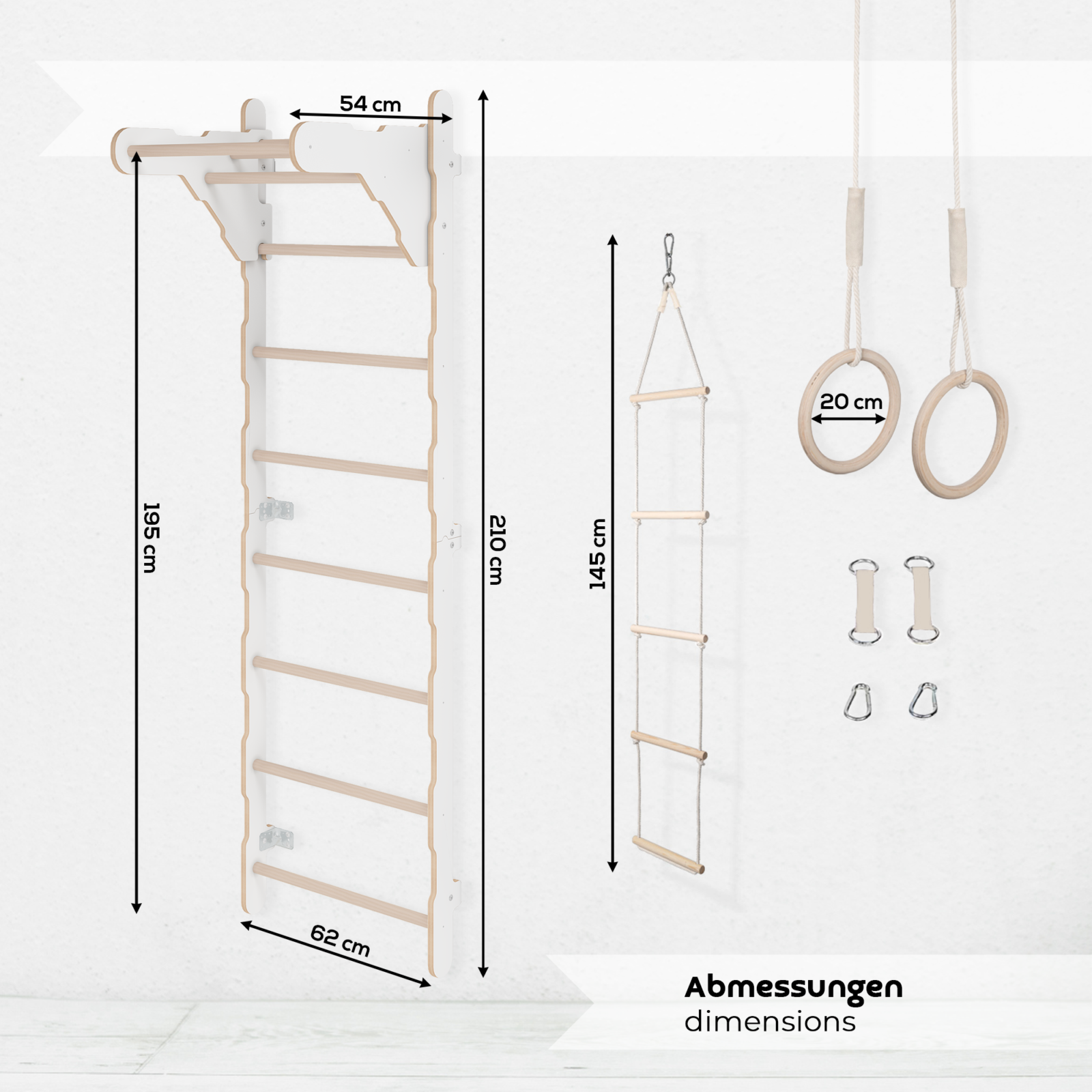 MAMOI® Children’s Gymnastic Ladder (210 cm) | Wall-Mounted Training Ladder | Rope Ladder for Kids | Wooden Indoor Playground | Gymnastic Rings | 100% ECO | Made in EU-1