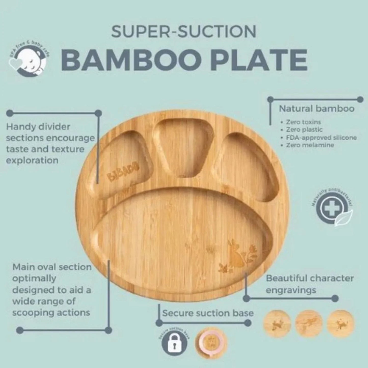 Bibado Natural Bamboo Suction Divider Plate - Fawn