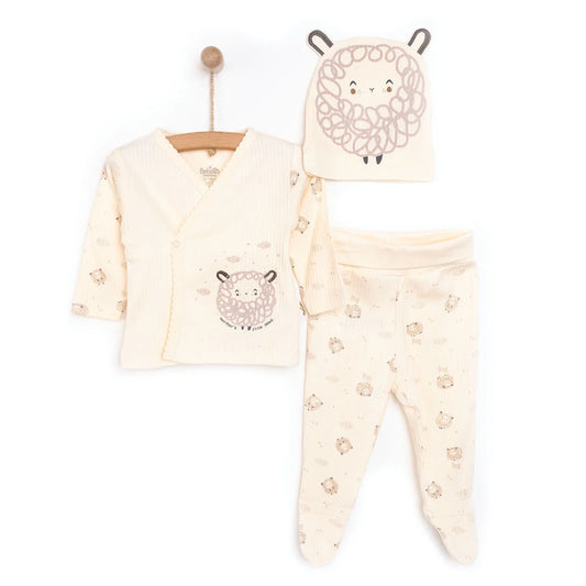Bebetto Newborn Baby Girl Top-Footed Jumpsuit- Hat - Ecru