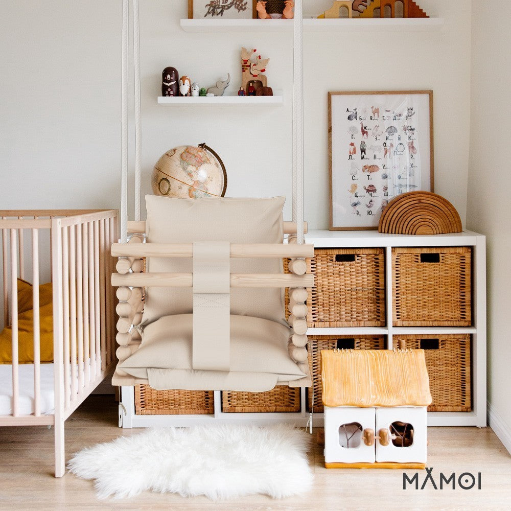 MAMOI® Baby swing Beige, Toddler sensory seat 3 in 1, Wooden door bouncer for kids, Indoor swings set, Chair from birth for toddlers age 1-3-4