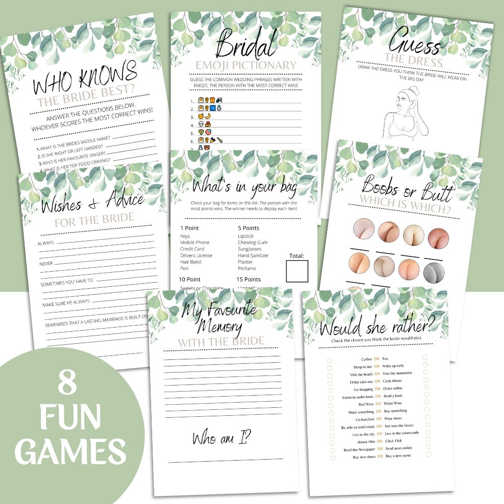 8 Hen Party Games Bundle -  80 game pack  - 10, 20, 30 or 40 Guests Pack, Fun & Laughter for Bridal Event