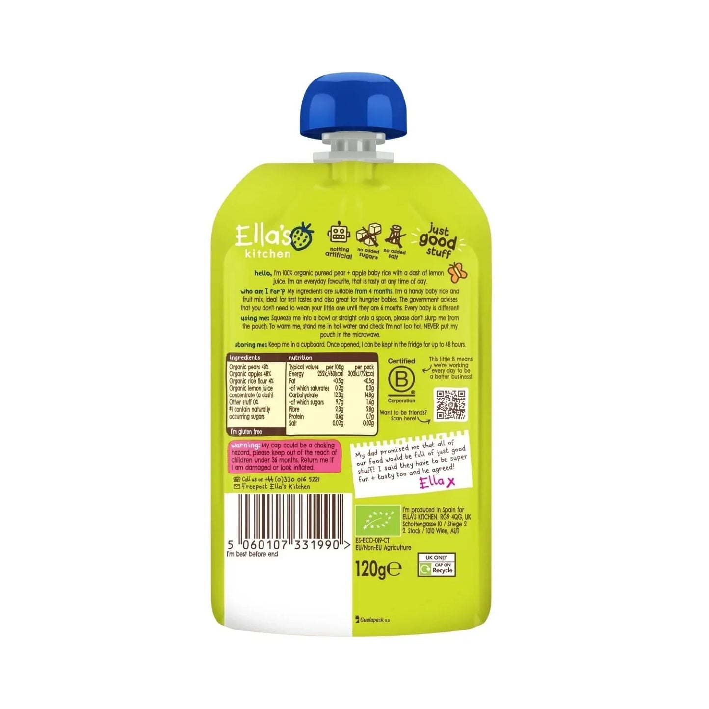 Ella's Kitchen Organic Pear & Apple Baby Rice Baby Pouch 4+ months 120g