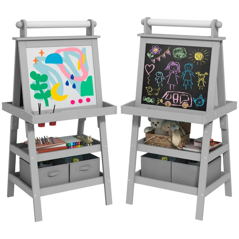 AIYAPLAY 3 in 1 Kids Easel Double-Sided Magnetic Whiteboard and Chalkboard with Paper Roll, Storage Baskets in Grey-0