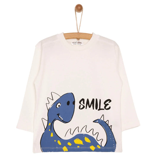 HelloBaby Baby Boy Smiley Dino Patterned Long Sleeve Tshirt - Ecru