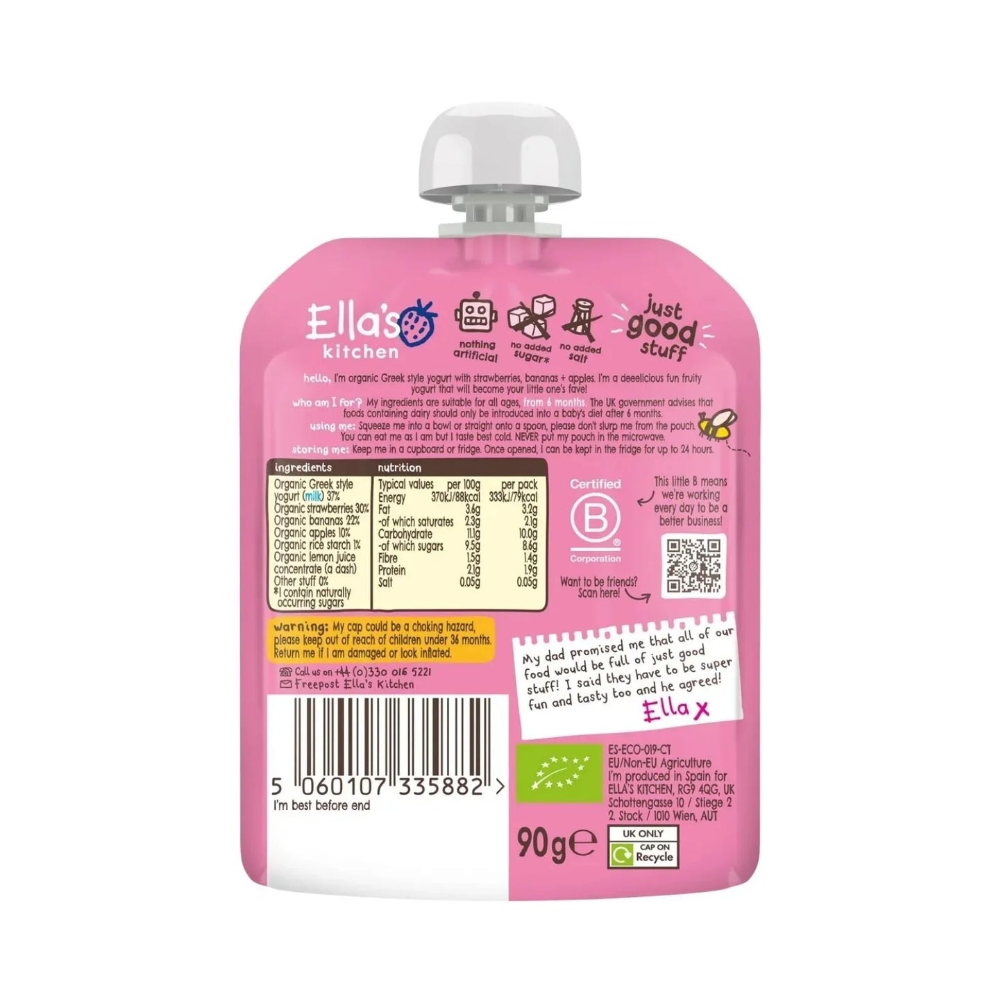 Ella's Kitchen Organic Strawberry Greek Style Yoghurt Baby Food Pouch 6+ months 90g