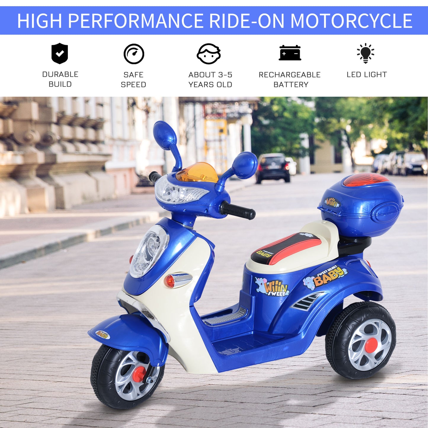 HOMCOM Electric Ride on Toy Tricycle Car-Blue-2