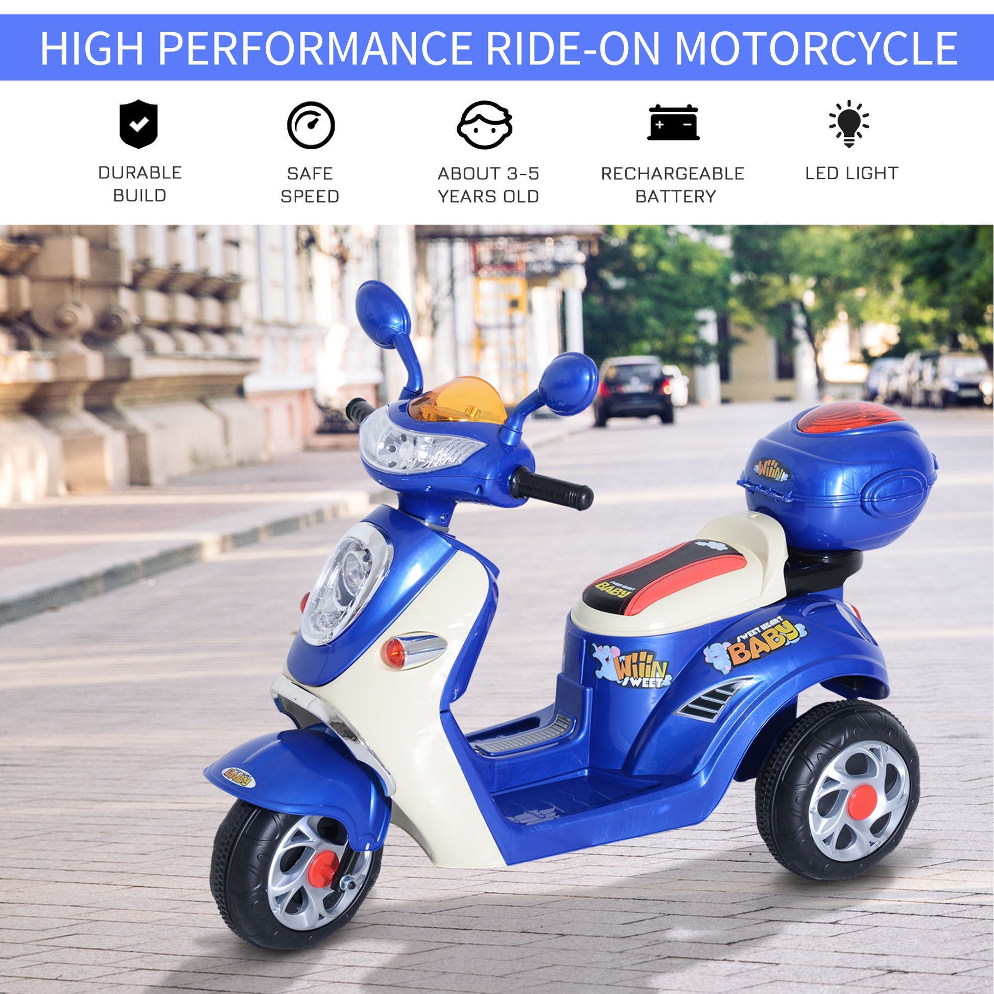 HOMCOM Electric Ride on Toy Tricycle Car-Blue-2
