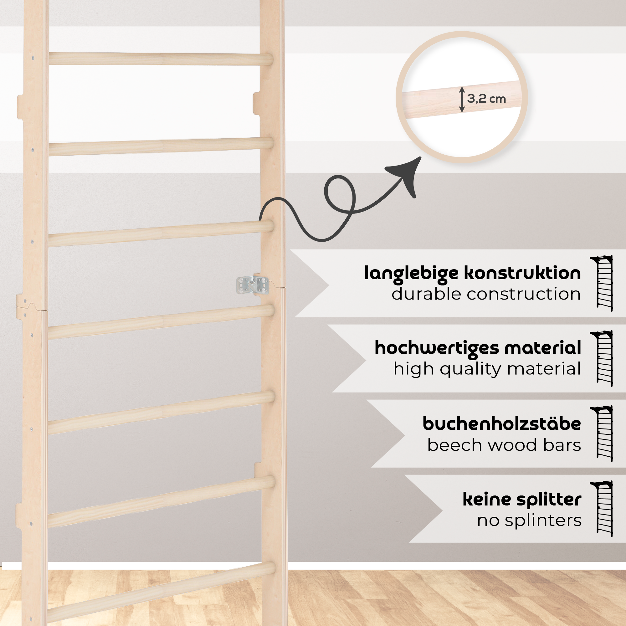 MAMOI® Wall-Mounted Gymnastics Bar with Pull-Up Bar (230 cm) | Wooden Training Ladder | Multi-Purpose Fitness Equipment | Wall-Mounted Gym Ladder for Adults & Kids | 100% ECO | Made in EU-2