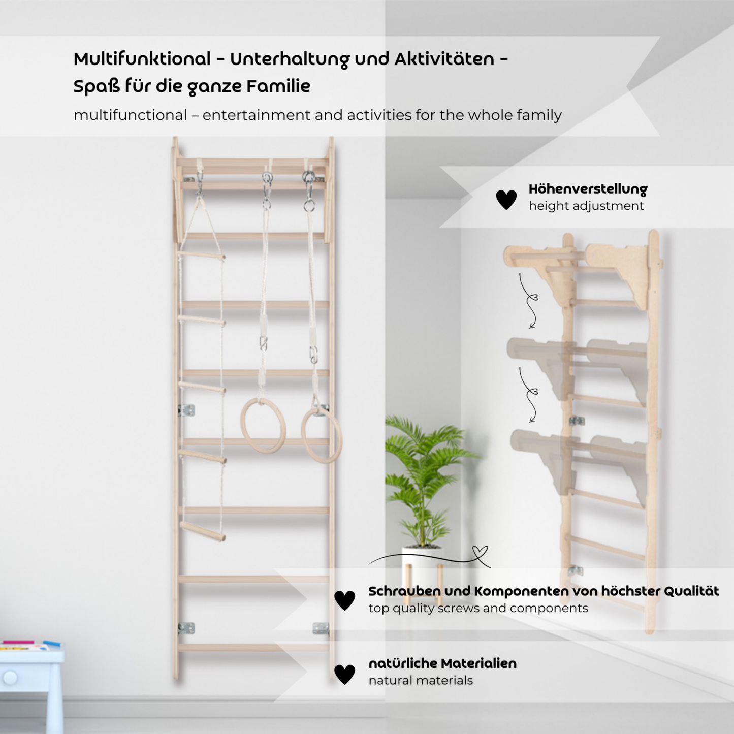 MAMOI® Children's Gymnastics Wall Bar (210 cm) | Wooden Wall-Mounted Ladder | Climbing Ladder for Kids | Gymnastic Rings | Safety Mat | Climbing Rope | 100% ECO | Made in EU-2