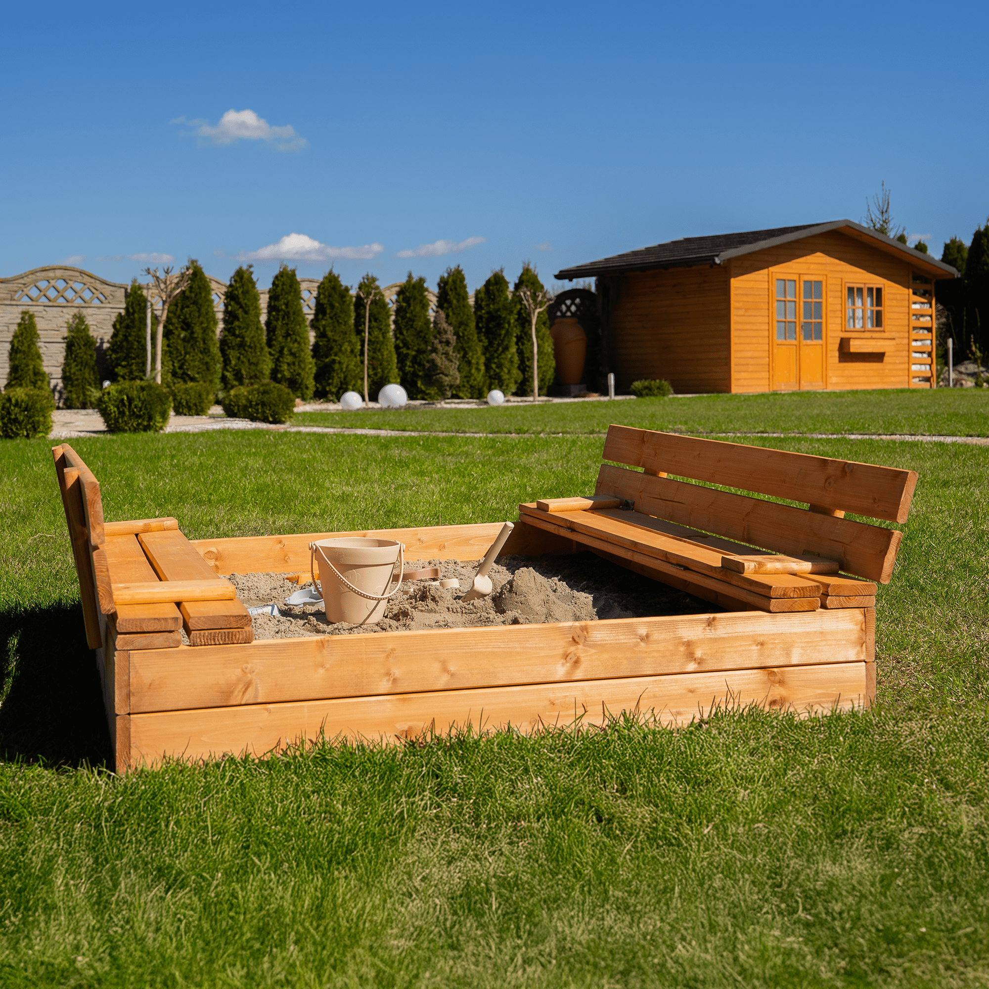 MAMOI Sandbox with cover 120x120 Sandbox Impregnated Sandbox with benches Wooden toy cover Benches 150x150-5