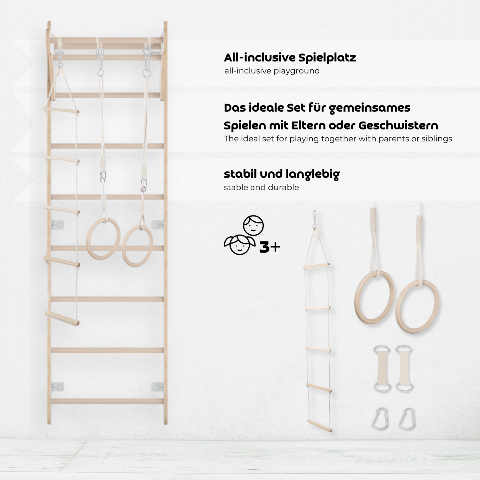 MAMOI® Children's Gymnastics Wall Bar (210 cm) | Wooden Wall-Mounted Ladder | Climbing Ladder for Kids | Gymnastic Rings | Safety Mat | Climbing Rope | 100% ECO | Made in EU-2