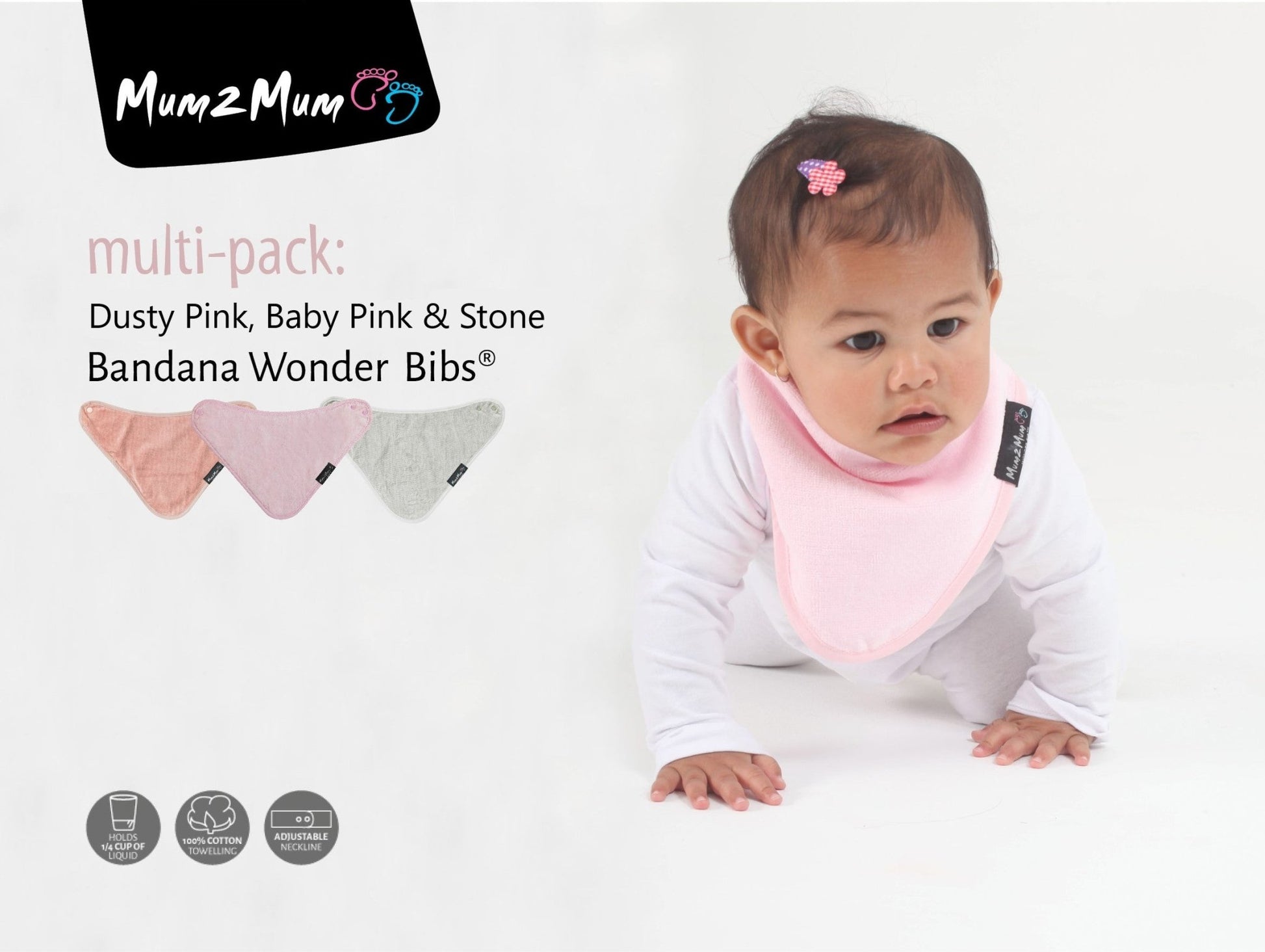 3 PACK - Mum 2 Mum Bandana Style Baby Bibs - Dusty Pink / Baby Pink / Stone - mezetto Baby&More Baby&More