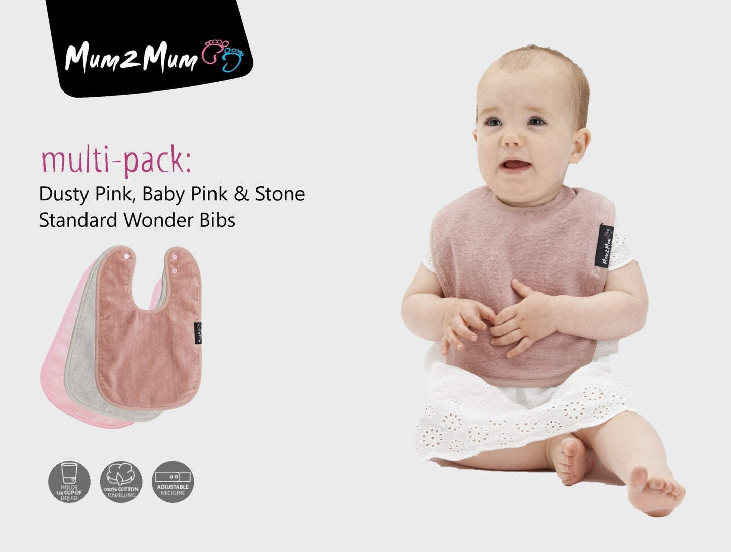 3 PACK - Mum 2 Mum Standard Bibs - Dusty Pink / Baby Pink / Stone - mezetto Baby&More Baby&More