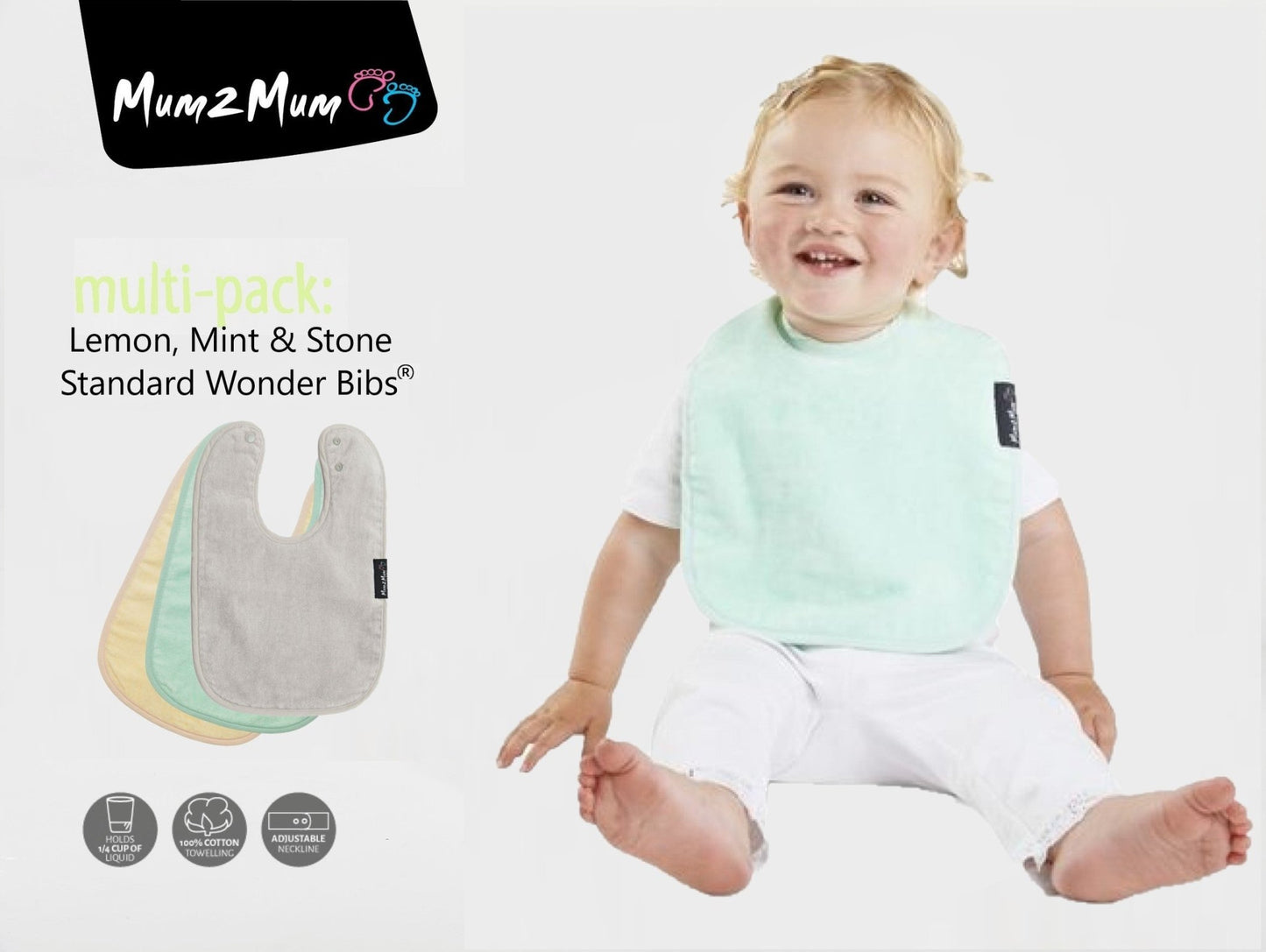 3 PACK - Mum 2 Mum Standard Bibs - Lemon / Mint / Stone - mezetto Baby&More Baby&More