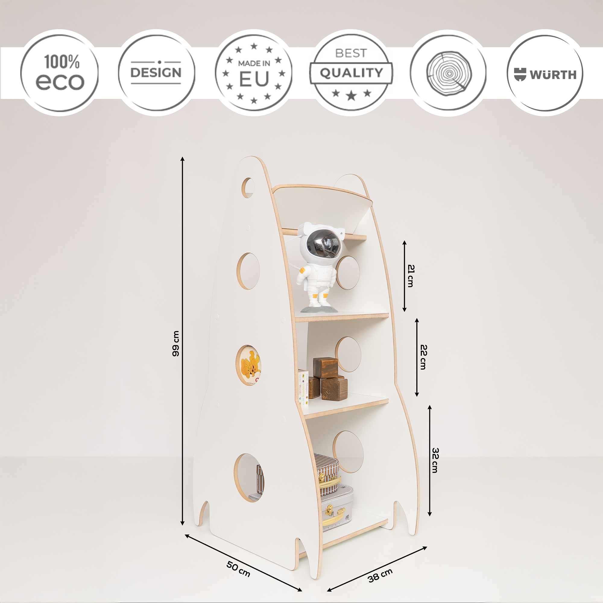 MAMOI® Children’s rocket-shaped bookshelf, wooden Montessori bookcase, kids book and toy organizer, shelf for children’s room, 100% ECO, Made in EU-2