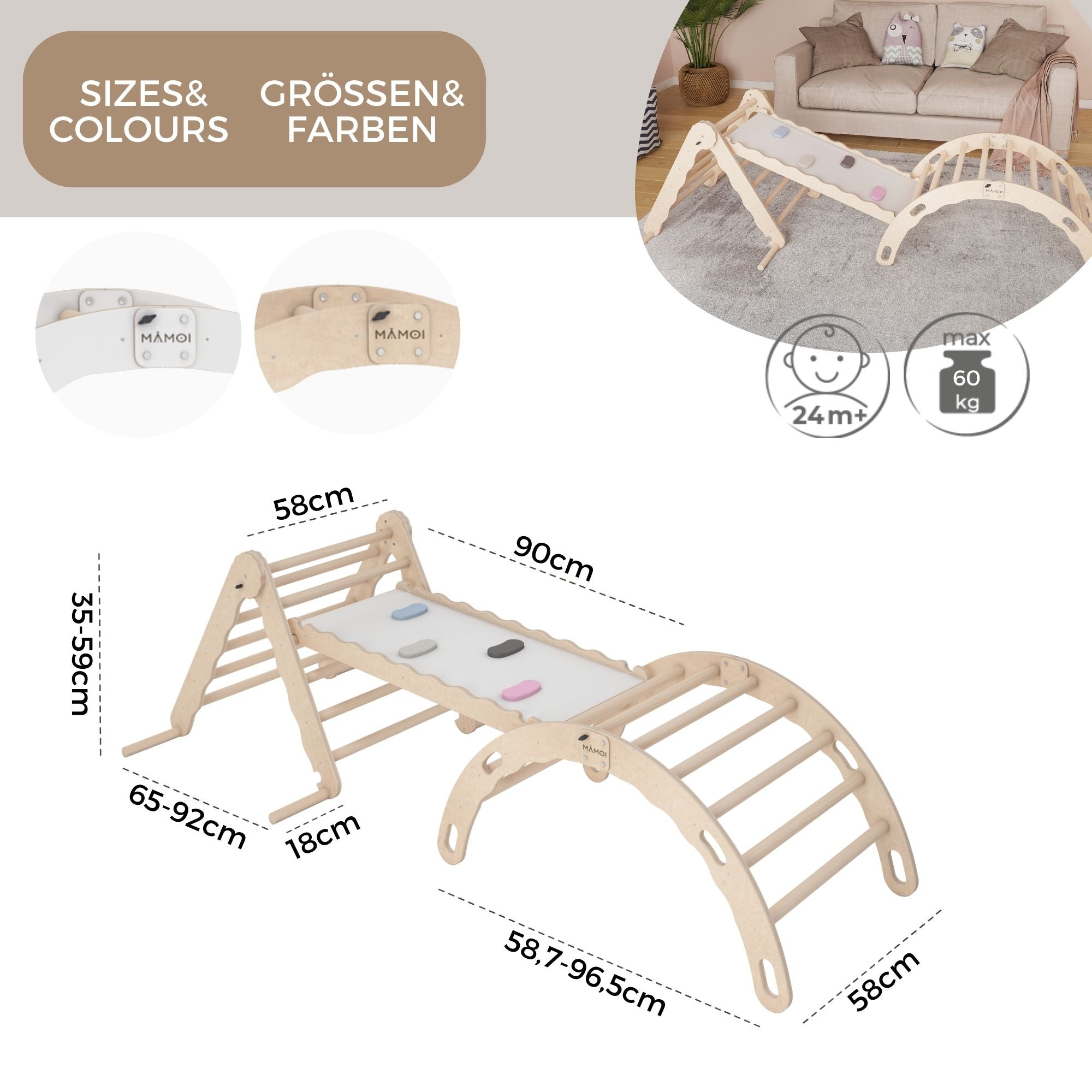 MAMOI® SET: Climbing frame, triangle and slide, Indoor wooden baby gym for toddlers, Toddler rockers, Climbers & play structures montessori from age 1-3 year old-3