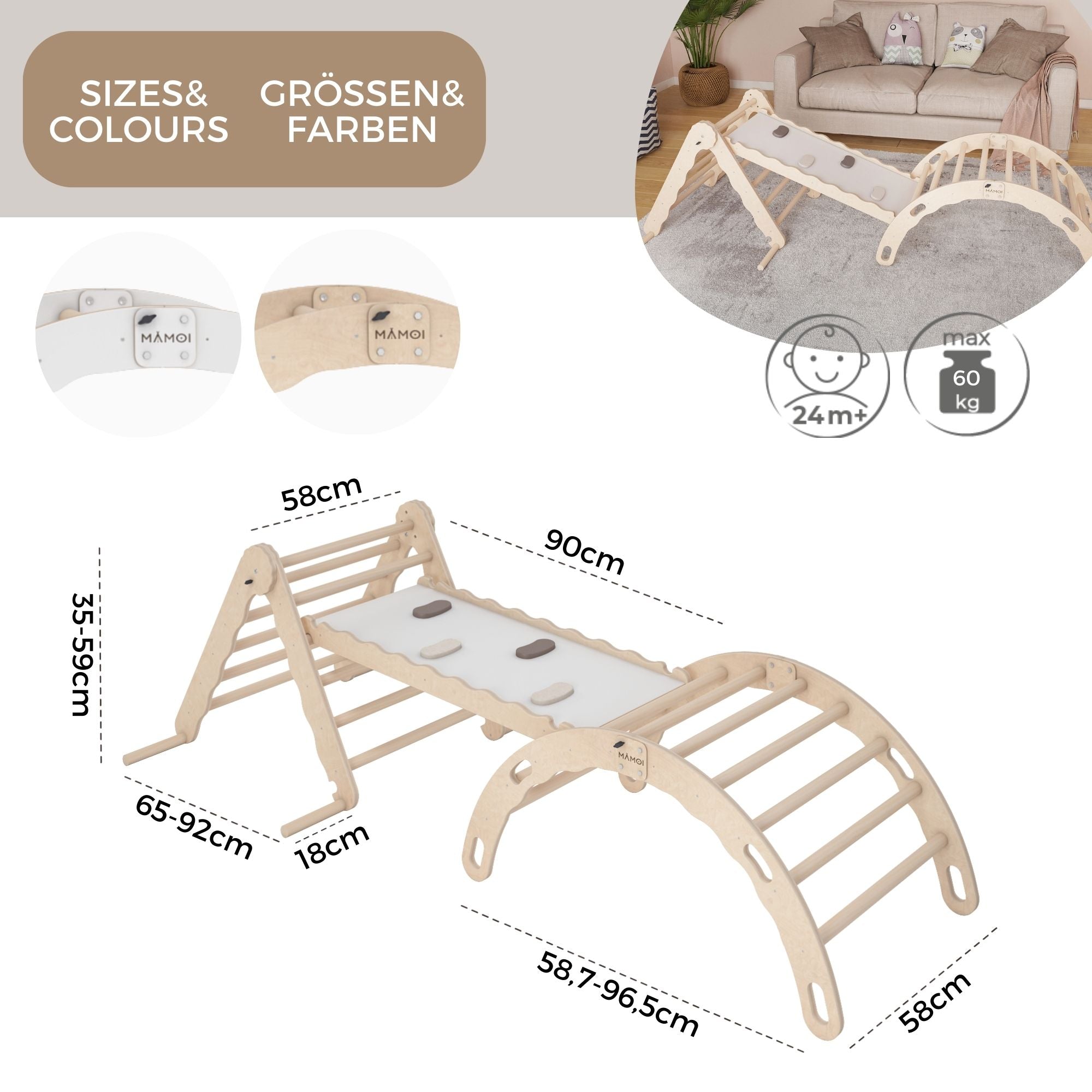 MAMOI® SET: Climbing frame, triangle and slide, Indoor wooden baby gym for toddlers, Toddler rockers, Climbers & play structures montessori from age 1-3 year old-3