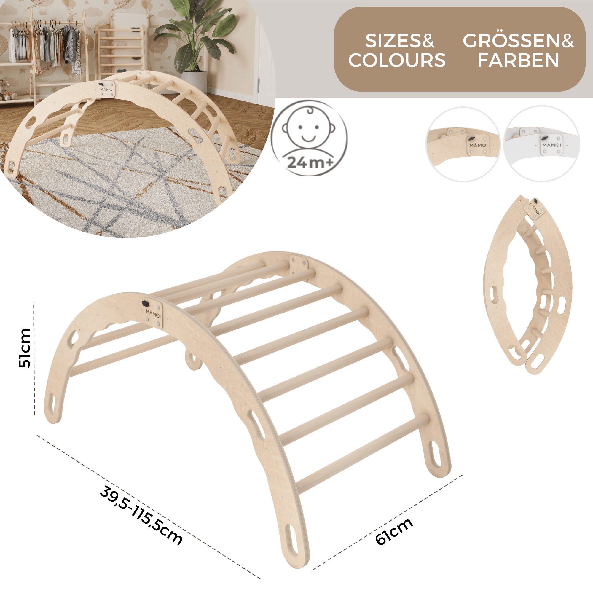MAMOI® Indoor climbing frame for toddlers, Wooden baby gym, Play gym rocker toys made of wood for toddler, Rockers montessori climbing frame age 1-3-2