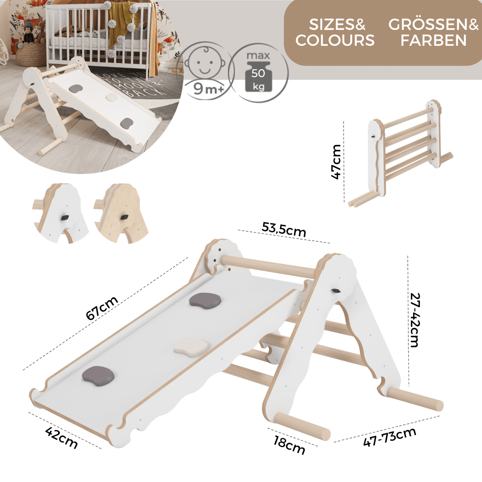 MAMOI® Indoor climbing triangle with slide for kids, Baby climbing frame, Wooden toddler gym for children outside and outdoor, Frames and slides, montessori toys for toddlers age 1-3-3
