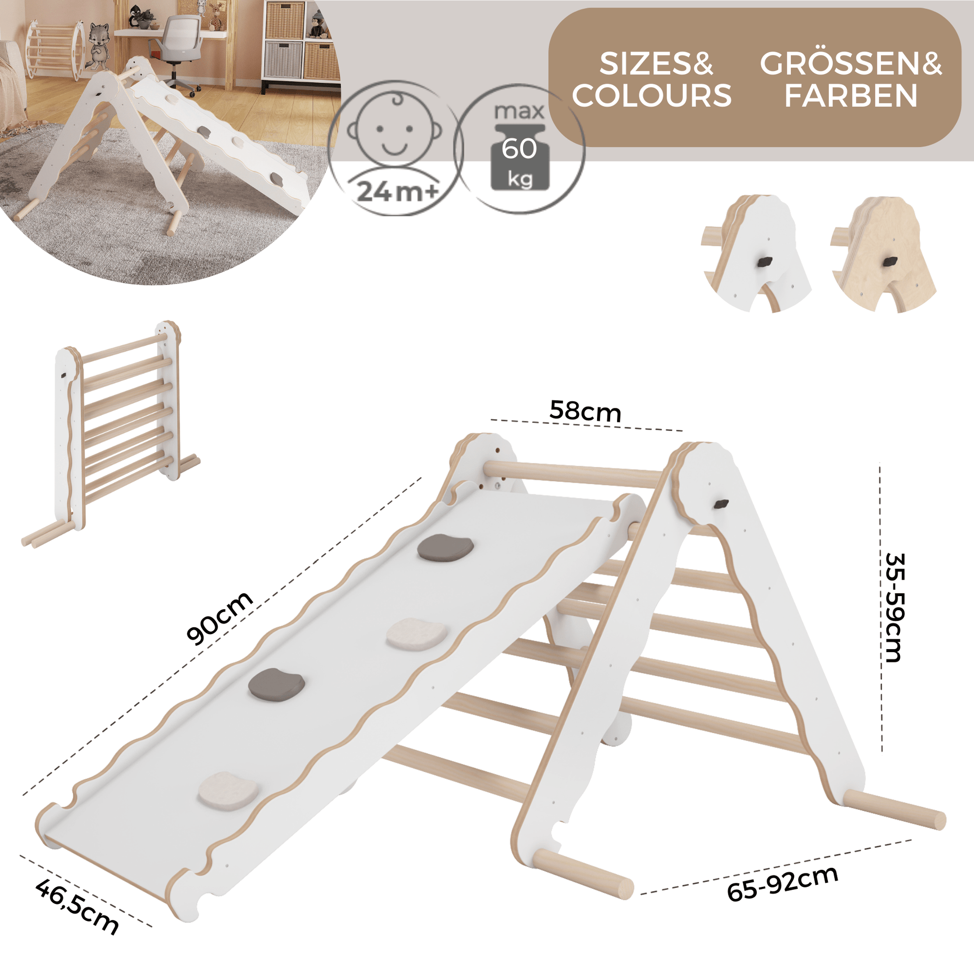 MAMOI® Indoor climbing triangle with slide for kids, Baby climbing frame, Wooden toddler gym for children outside and outdoor, Frames and slides, montessori toys for toddlers age 1-3-3
