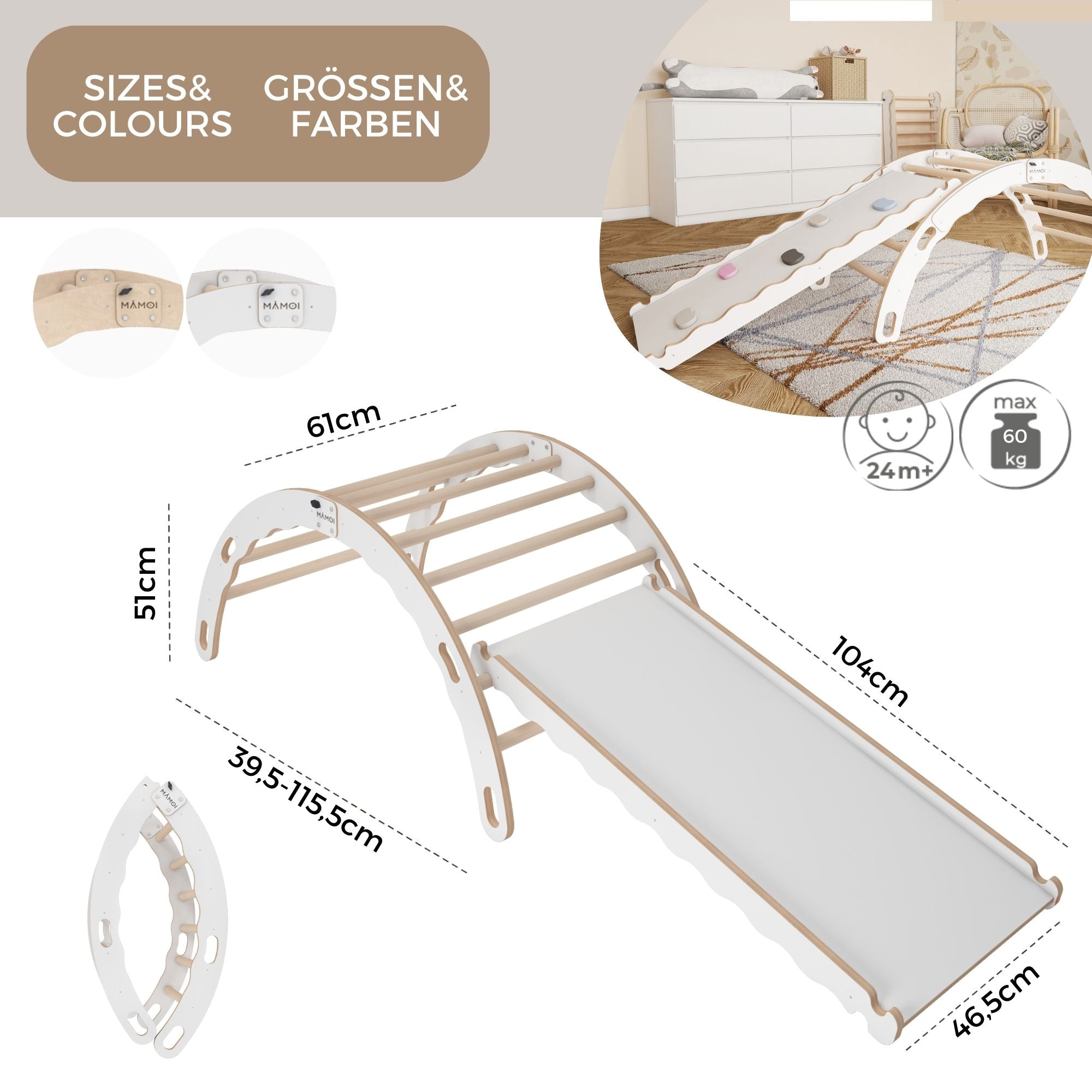 MAMOI® Indoor climbing frame 3 in 1 SET. Montessori climbing arch with cushions, indoor playground 1-3 years and slide for children.-3