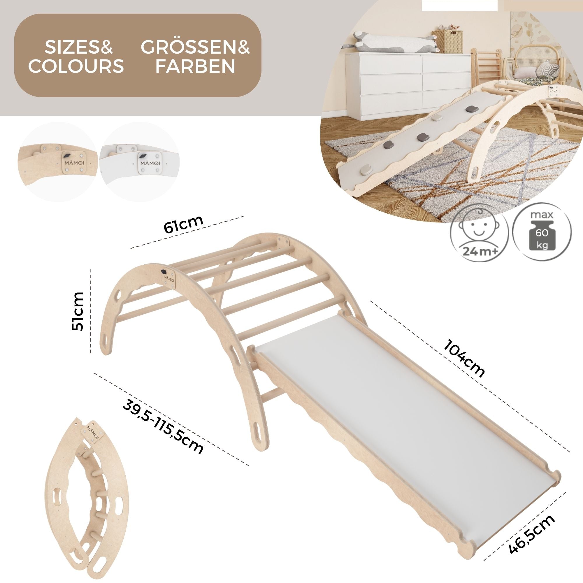 MAMOI® Indoor climbing frame for toddlers, Wooden baby gym with slide, Play gym rocker toys made of wood for toddler, Rockers montessori climbing frame age 1-3-3