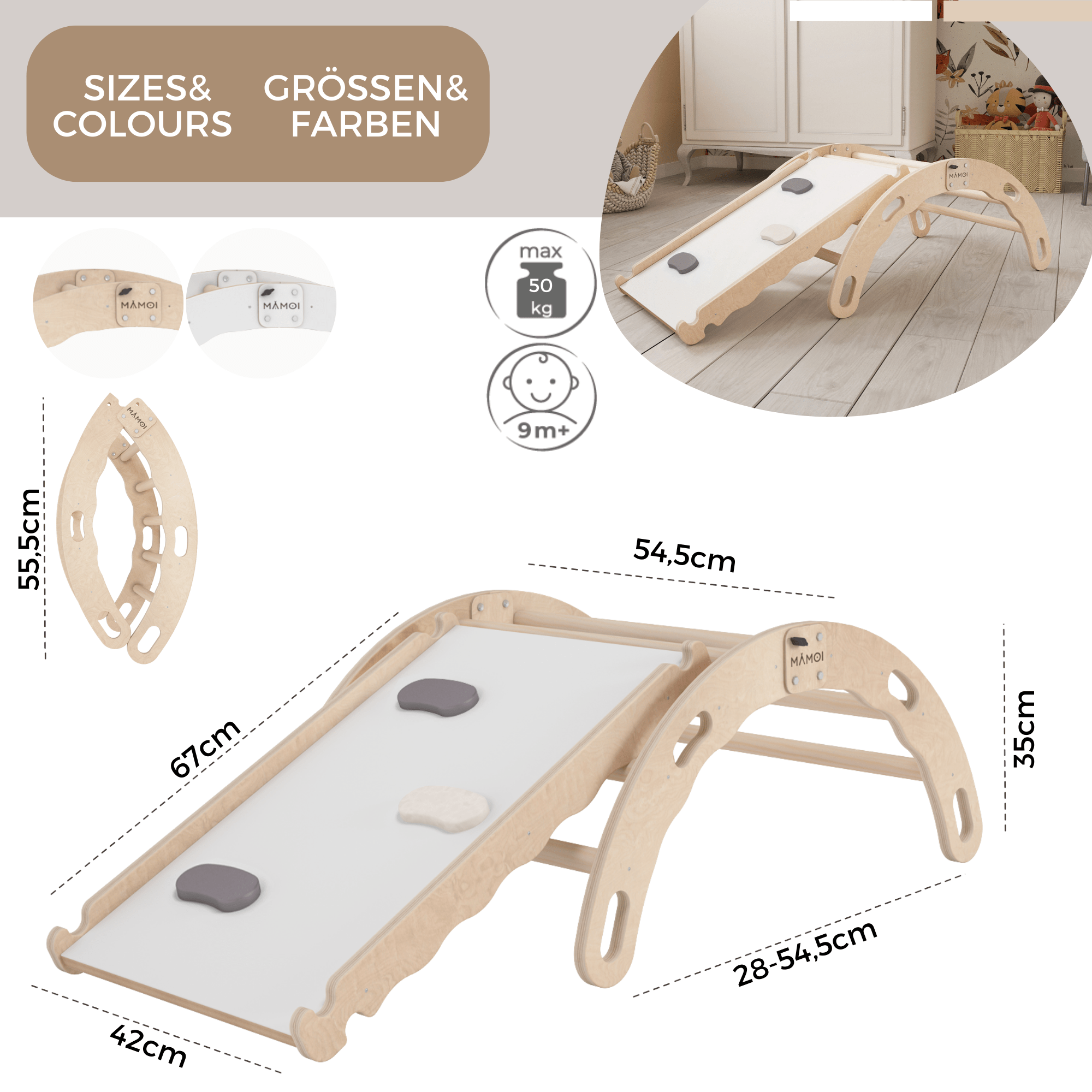 MAMOI® Indoor climbing frame for toddlers, Wooden baby gym with slide, Play gym rocker toys made of wood for toddler, Rockers montessori climbing frame age 1-3-2