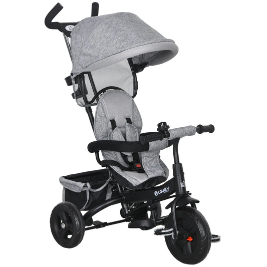 4 in 1 Kids Trike Push Bike with Push Handle, Canopy, 5-point Safety Belt, Storage, Footrest, Brake, for 1-5 Years in Grey | HOMCOM-0
