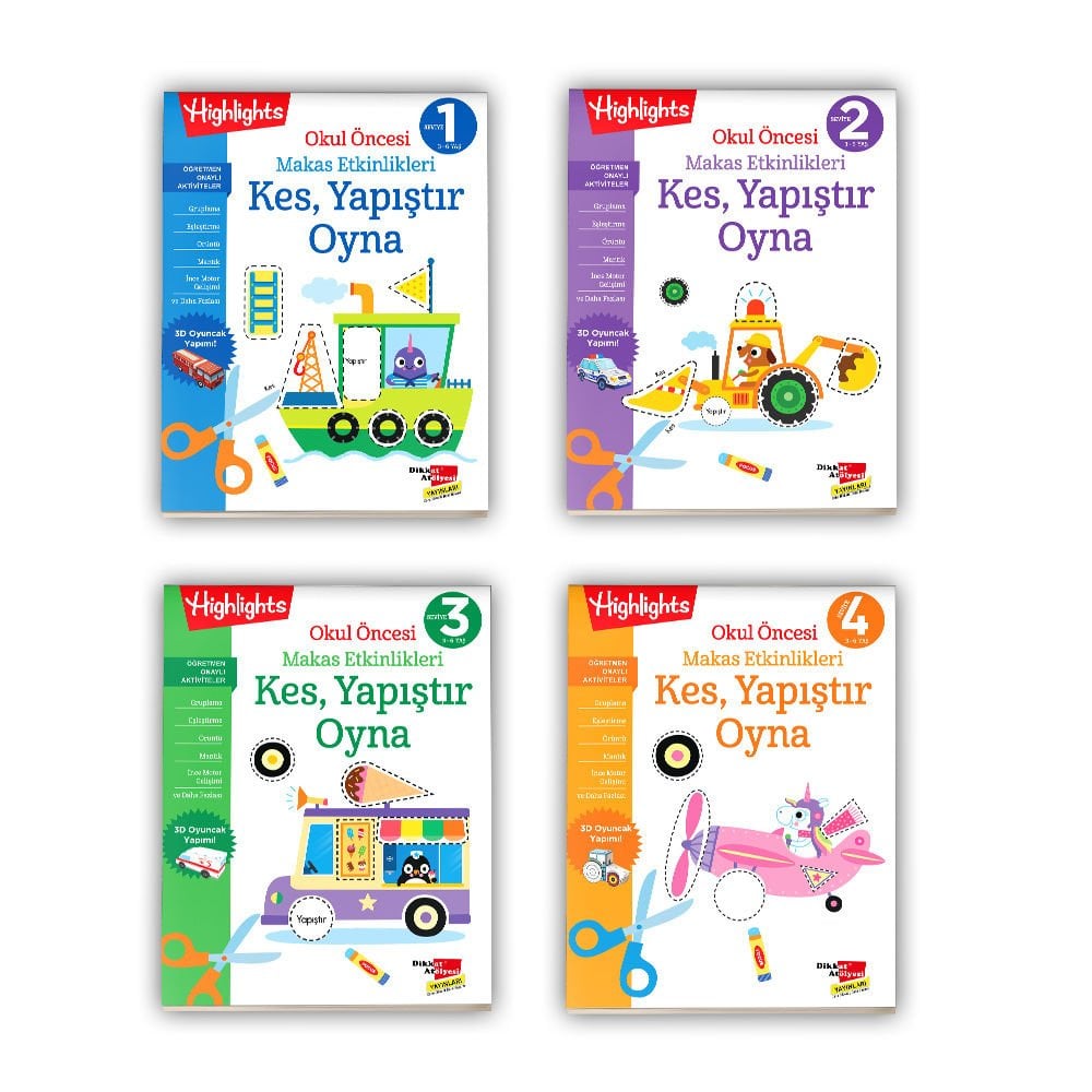 Okul Öncesi Makas Etkinlikleri Kes, Yapıştır, Oyna 4'lü Set – Kolektif – Dikkat Atölyesi Yayınları – kitap kapağı