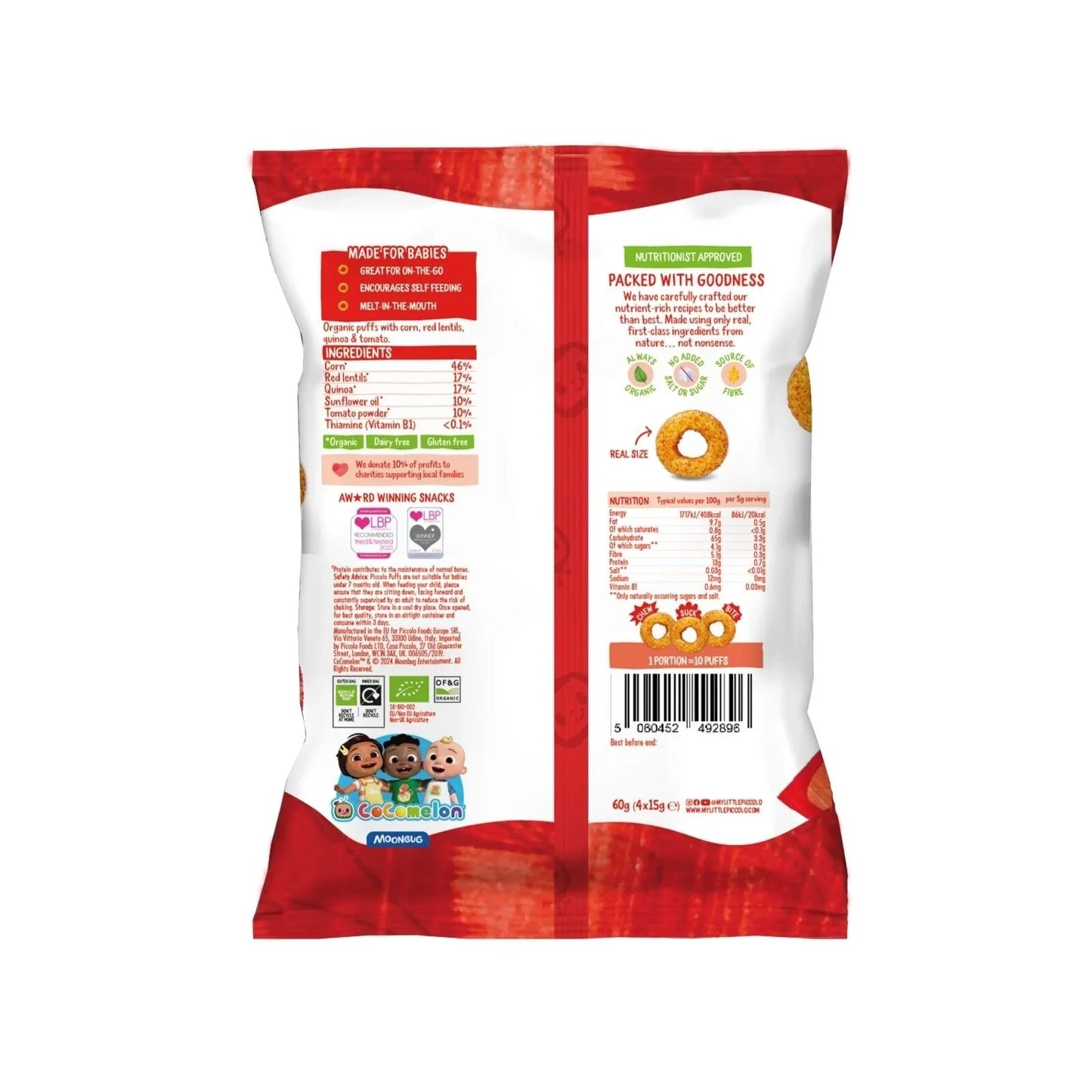 Piccolo Organic Multigrain Puffs Tomato Rings 7+ months 60g (4x15g)