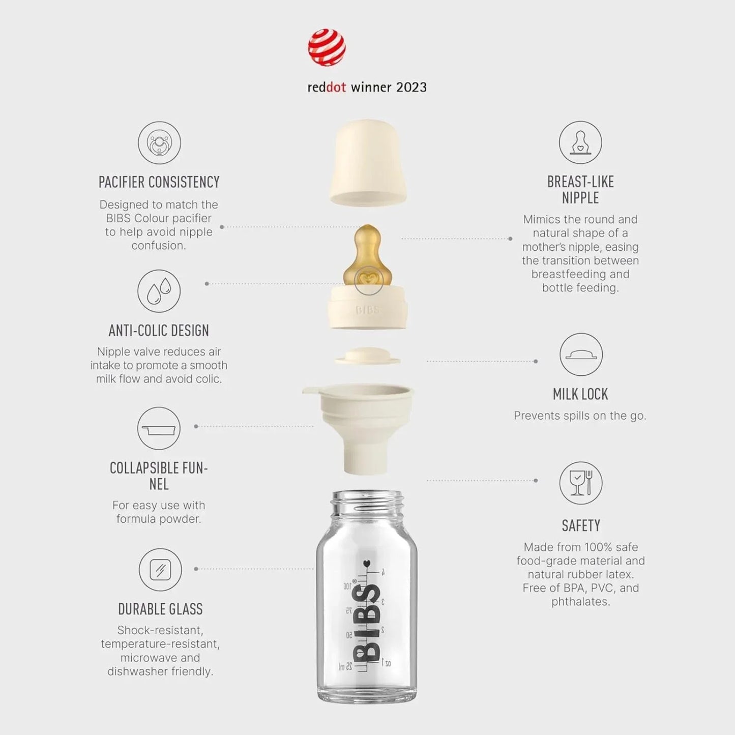 BIBS Baby Glass Bottle Complete Set Latex 110ml - Ivory