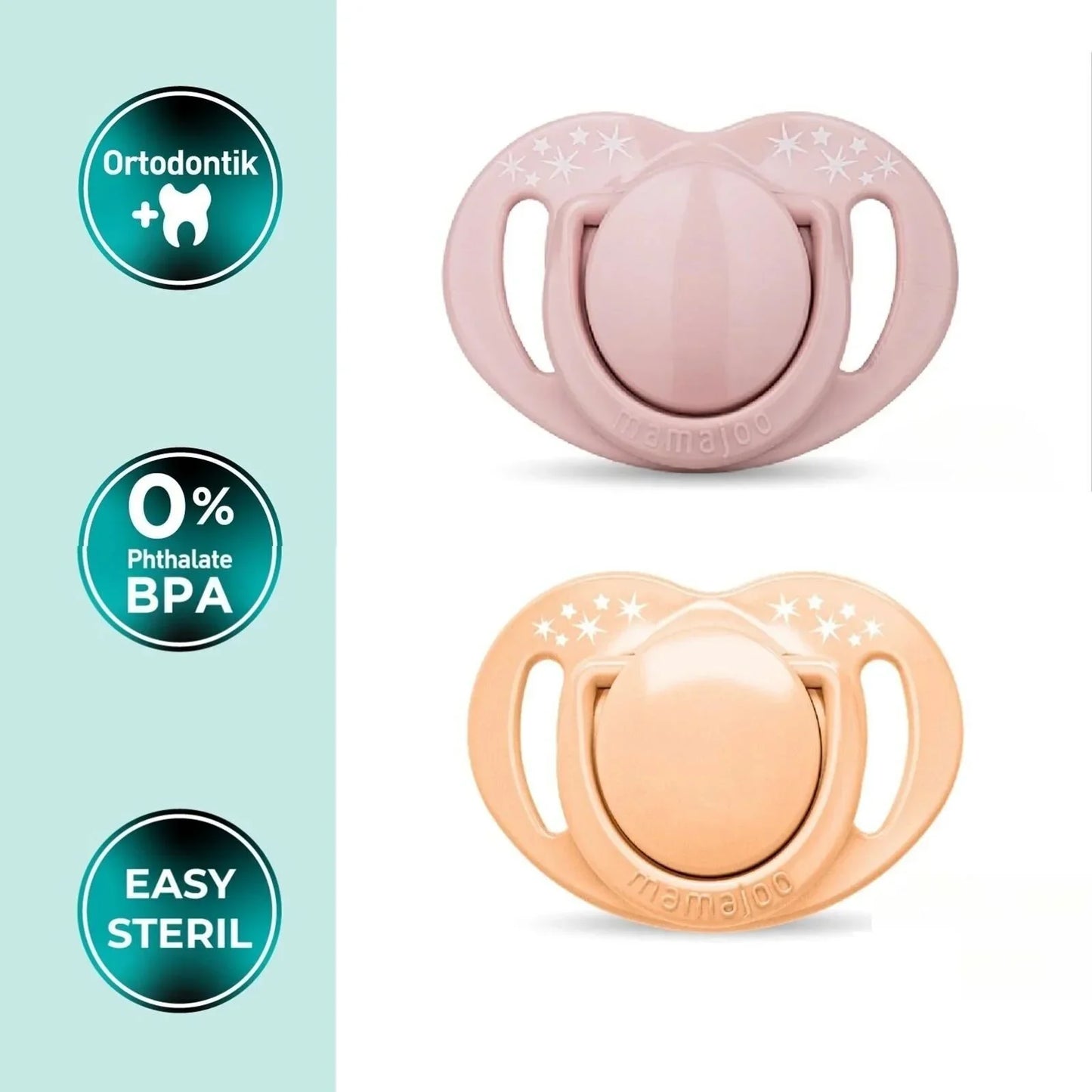 Mamajoo Orthodontic Soothers with Steriliser Box 6+ months Pack of 2 - Powder Pink & Blush
